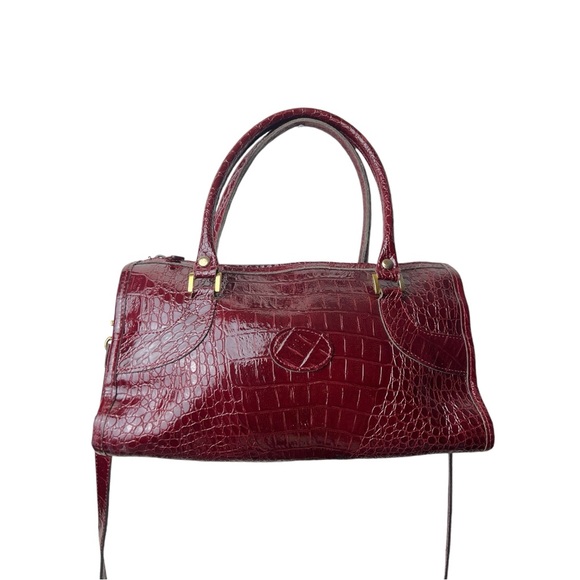 Ox Blood Crocodile-Embossed Satchel with Crossbody Strap - Picture 5 of 10